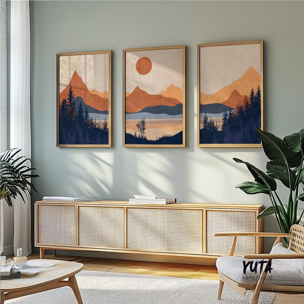 Terracotta and navy blue minimalist abstract mountain wall art, perfect for nature-inspired interiors.