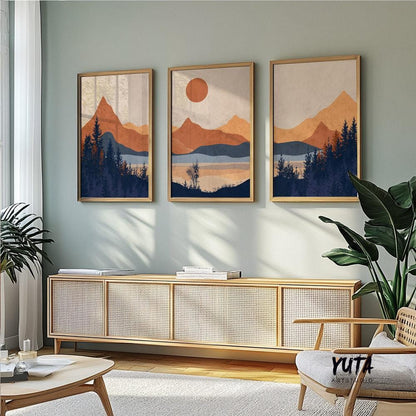 Terracotta and navy blue minimalist abstract mountain wall art, perfect for nature-inspired interiors.
