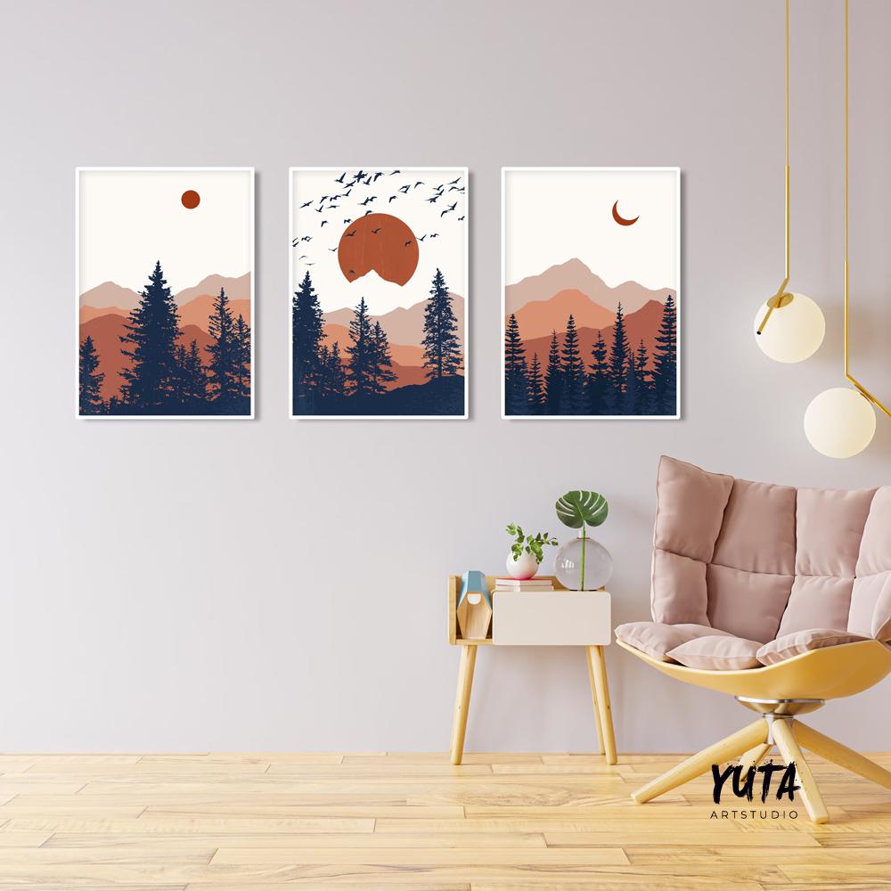 Mountain wall art gallery wall set of 3 prints. Mid century modern  livingroom abstract terracotta deep blue minimalist landscape poster
