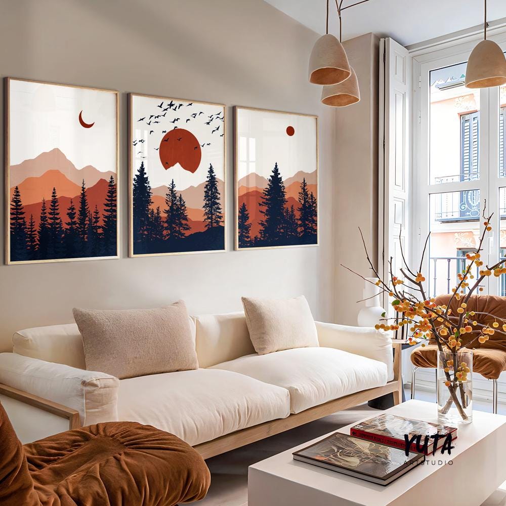 Mountain wall art gallery wall set of 3 prints. Mid century modern  livingroom abstract terracotta deep blue minimalist landscape poster