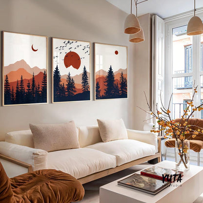 Mountain wall art gallery wall set of 3 prints. Mid century modern  livingroom abstract terracotta deep blue minimalist landscape poster