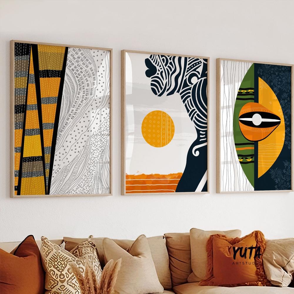 Contemporary African American Art Set of 3 Prints. Three Peace Modern Abstract Art. Black Woman Portrait.