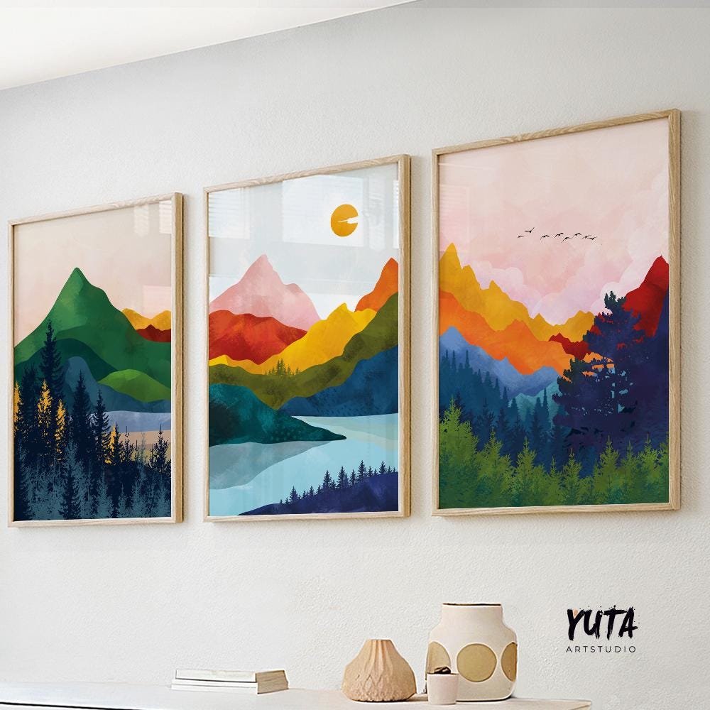 Set of 3 Vibrant Mountains scandinavian colorful abstract art set of 3 prints, Modern Nordic poster Gallery home decor large wall art prints