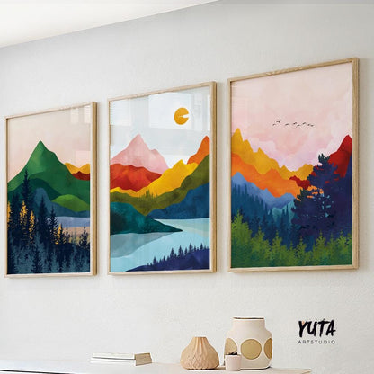 Set of 3 Vibrant Mountains scandinavian colorful abstract art set of 3 prints, Modern Nordic poster Gallery home decor large wall art prints