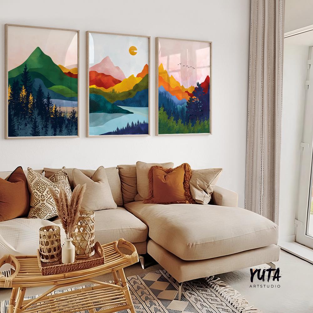 Set of 3 Vibrant Mountains scandinavian colorful abstract art set of 3 prints, Modern Nordic poster Gallery home decor large wall art prints