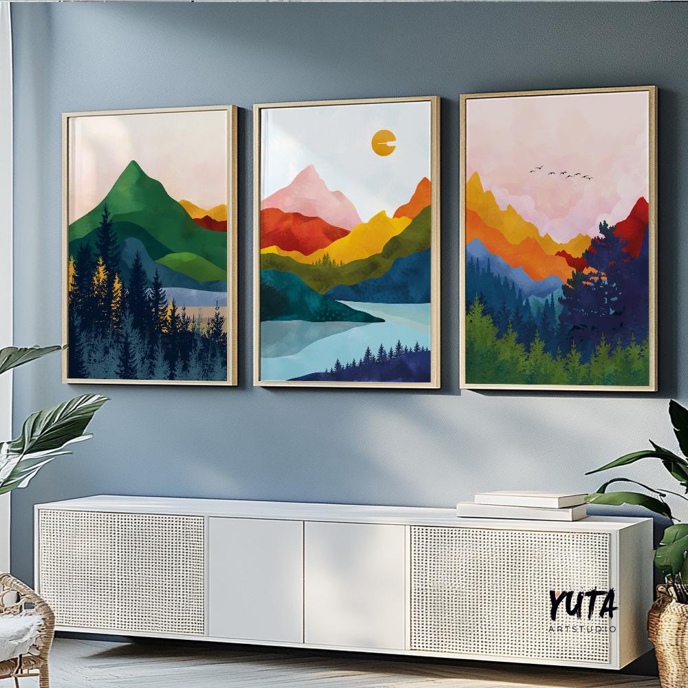 Set of 3 Vibrant Mountains scandinavian colorful abstract art set of 3 prints, Modern Nordic poster Gallery home decor large wall art prints