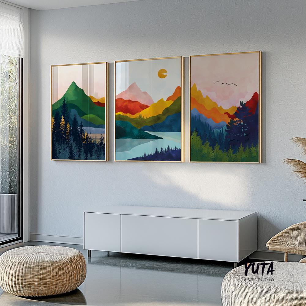 Set of 3 Vibrant Mountains scandinavian colorful abstract art set of 3 prints, Modern Nordic poster Gallery home decor large wall art prints