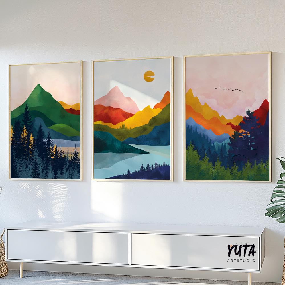 Set of 3 Vibrant Mountains scandinavian colorful abstract art set of 3 prints, Modern Nordic poster Gallery home decor large wall art prints