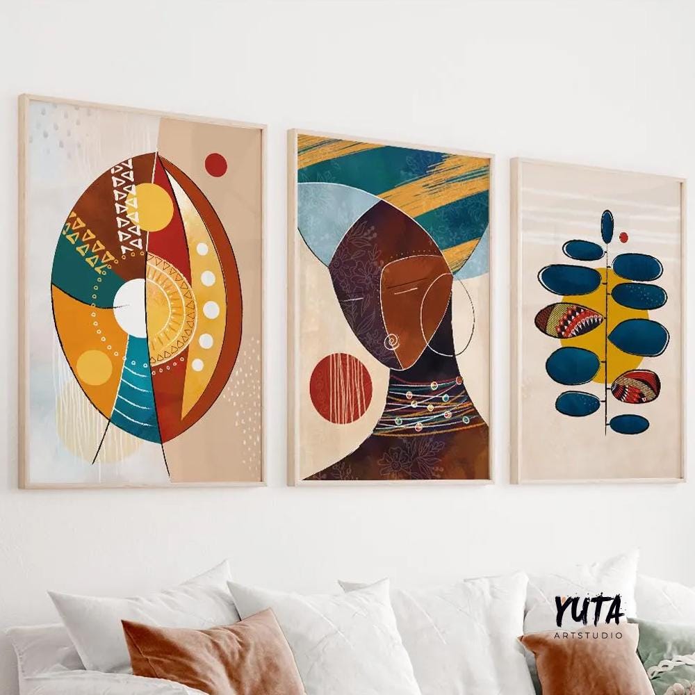 Colorful abstract African art prints set of 3, modern black women portraits, vibrant Afrocentric gallery wall decoration.