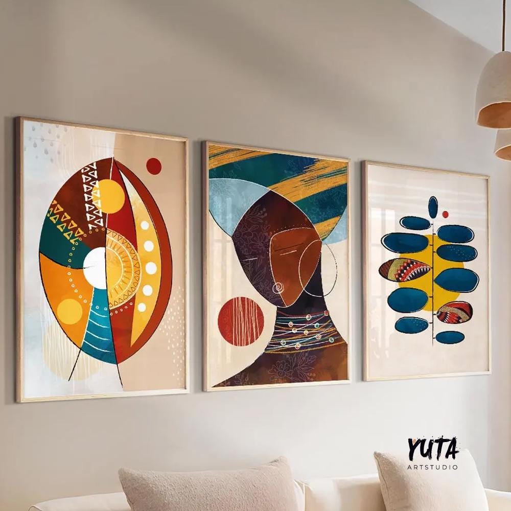 Afrocentric abstract art set of 3 prints, colorful black woman portraits, modern gallery wall decoration for apartments.