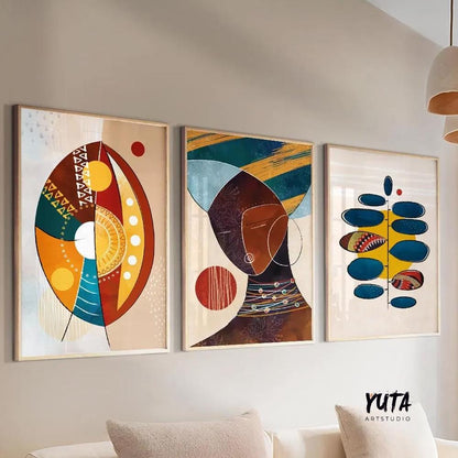 Afrocentric abstract art set of 3 prints, colorful black woman portraits, modern gallery wall decoration for apartments.