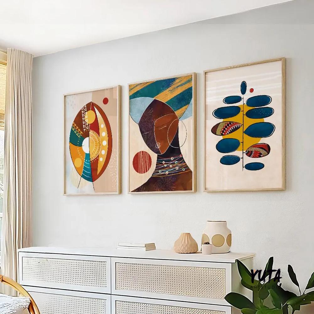 Large colorful African American art set of 3, abstract modern black women portraits, above bed Afrocentric wall art.