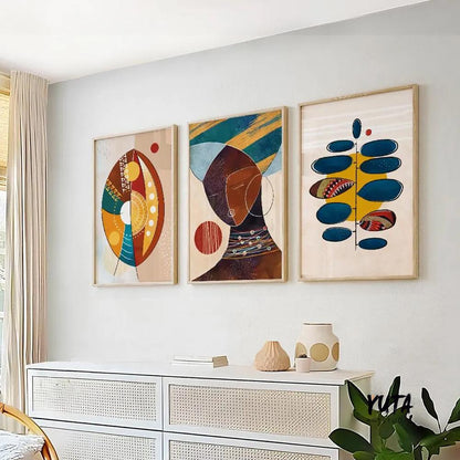 Large colorful African American art set of 3, abstract modern black women portraits, above bed Afrocentric wall art.