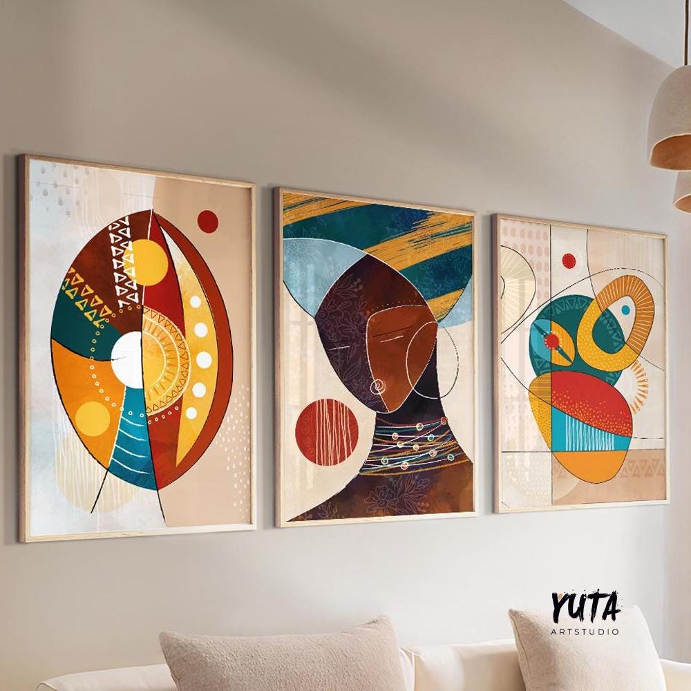 Bright Afrocentric wall art set of 3, abstract black woman portraits, colorful modern gallery wall decor for living room.