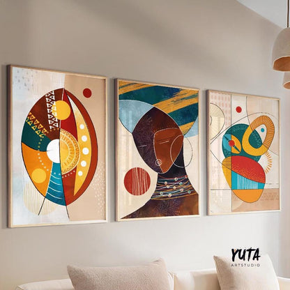 Bright Afrocentric wall art set of 3, abstract black woman portraits, colorful modern gallery wall decor for living room.
