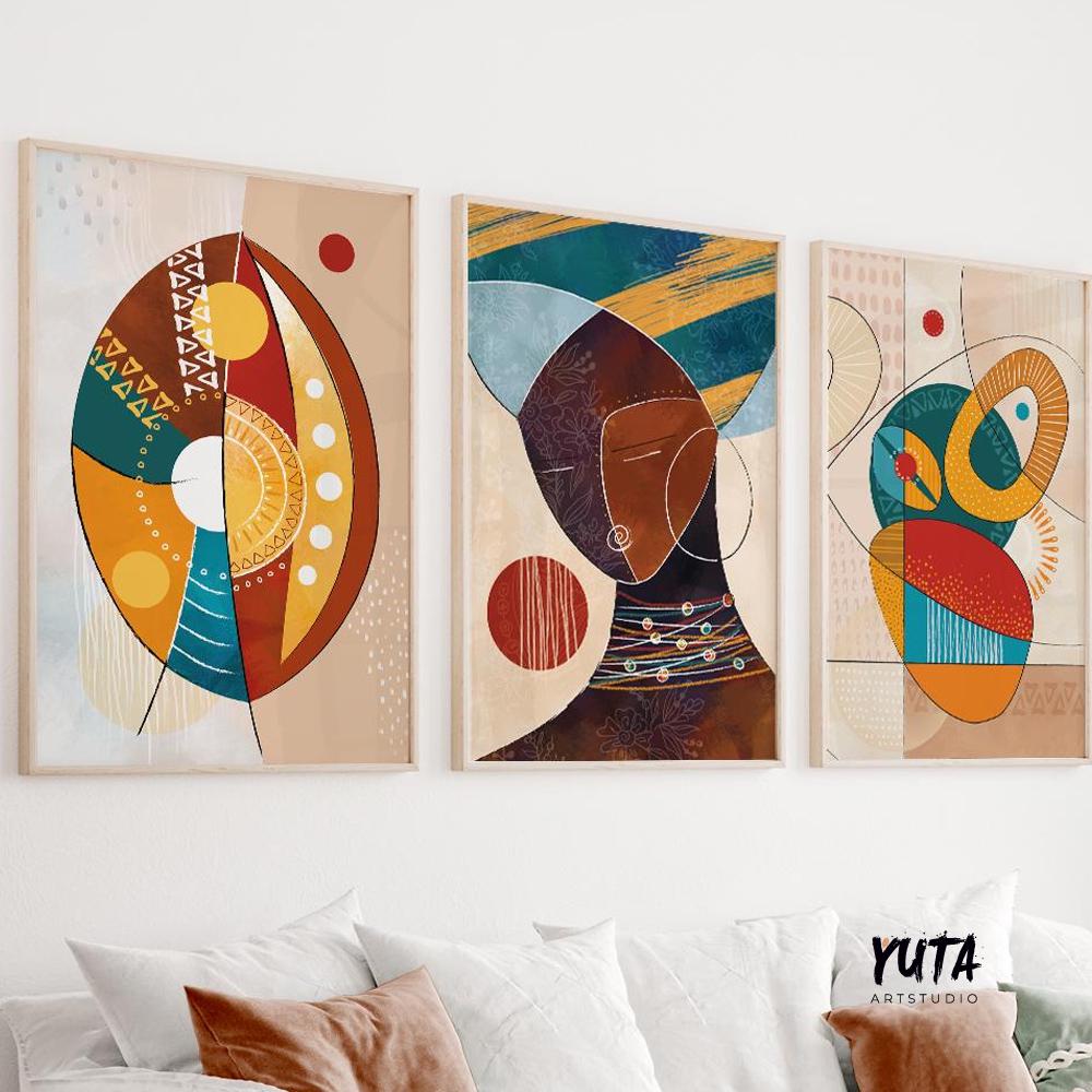 Abstract African American gallery wall set of 3 prints, vibrant black women portrait posters for modern ethnic interiors.