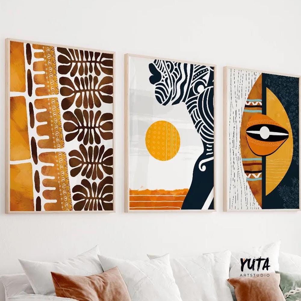 Abstract ethnic africa wall art set of 3 prints. African black woman portrait. Modern african american art print. African wall art.