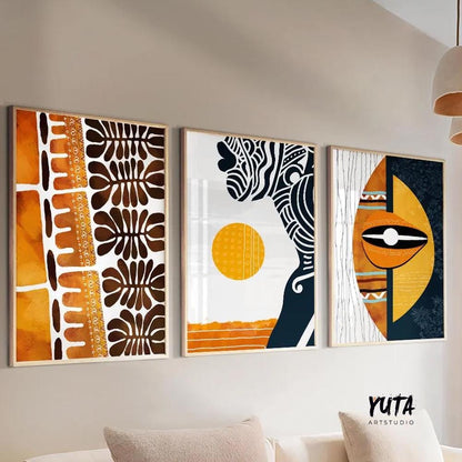 Abstract ethnic africa wall art set of 3 prints. African black woman portrait. Modern african american art print. African wall art.