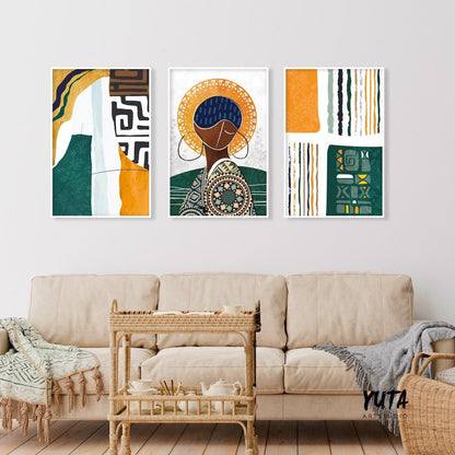 Colorful abstract African wall art set of 3 prints featuring modern black woman portraits, ethnic gallery wall decor.