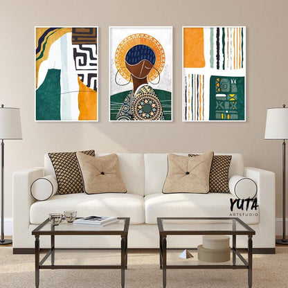 Contemporary African American wall art set of 3, vibrant colorful abstract female portraits, Afrocentric gallery wall.