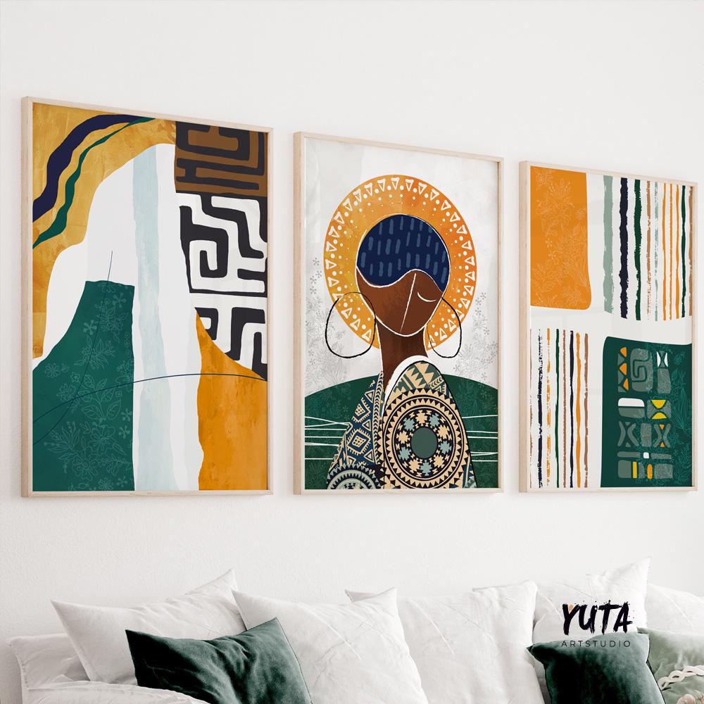Afrocentric wall art set of 3, colorful abstract African prints, modern black woman portrait posters for gallery walls.