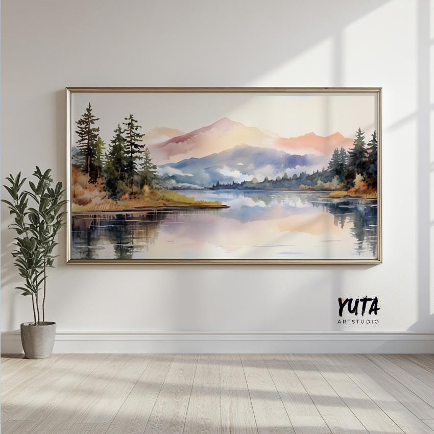 Framed pastel mountain landscape artwork shown in large panoramic size above floor moldings