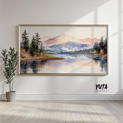 Framed pastel mountain landscape artwork shown in large panoramic size above floor moldings