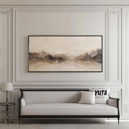 Extra large framed abstract neutral print in minimalist style above a cream sofa for scale
