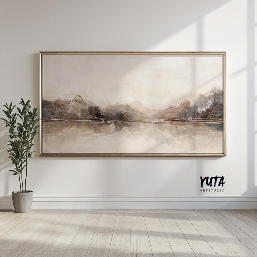 Panoramic abstract landscape in a thin metallic frame, mounted on a sunlit wall.