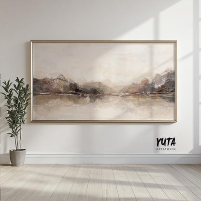Panoramic abstract landscape in a thin metallic frame, mounted on a sunlit wall.