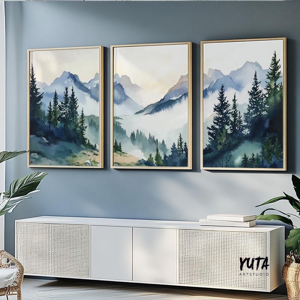 Modern navy blue green mountain wall art set of 3 print, nature wall decor, forest landscape painting poster, large above bed art