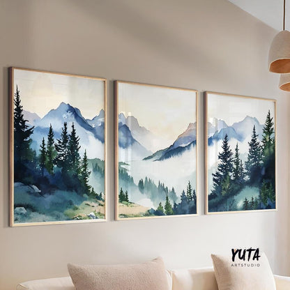 Above bed panoramic mountain artwork in modern boho style with natural scenery.