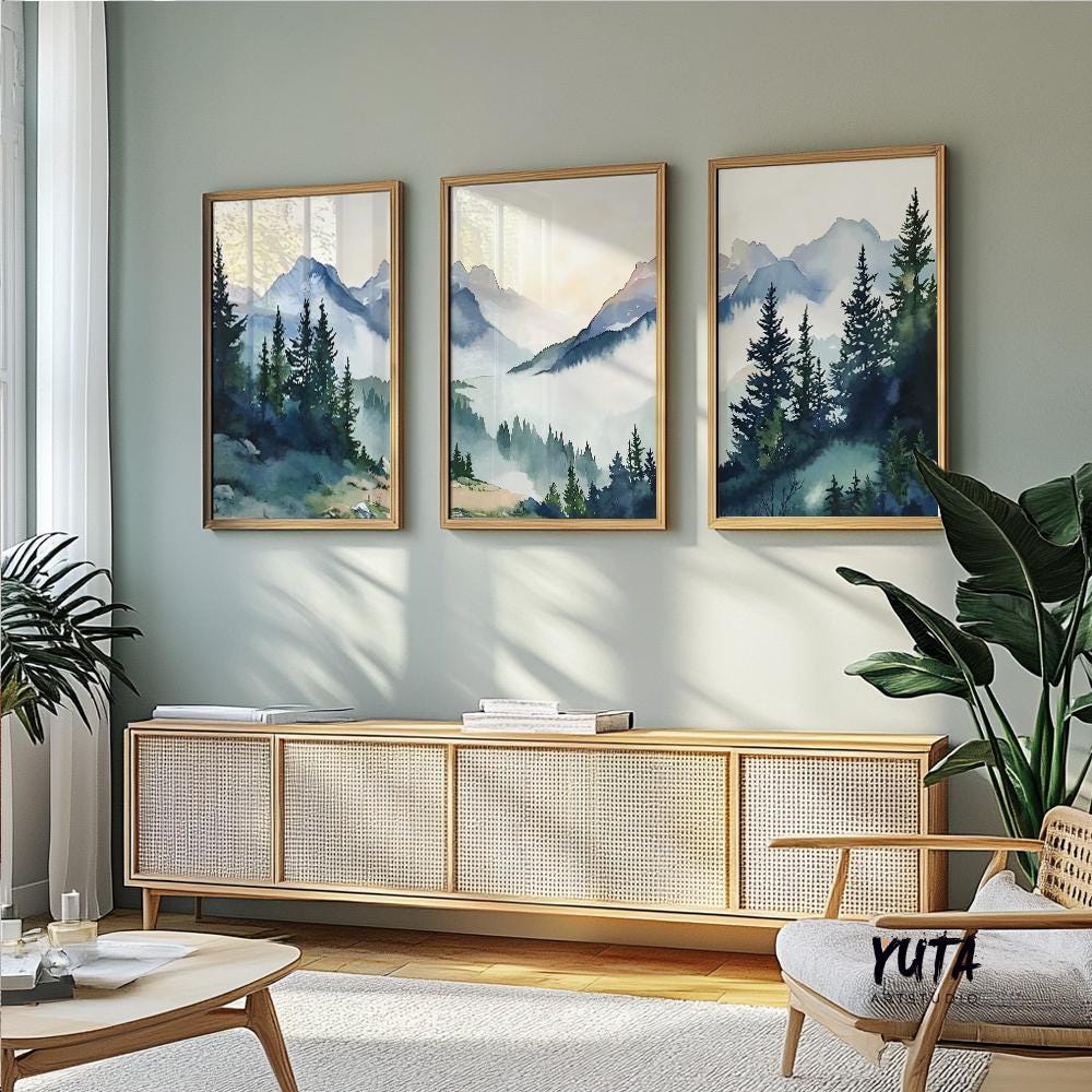 Large panoramic mountain artwork set for modern living room or bedroom wall decor.