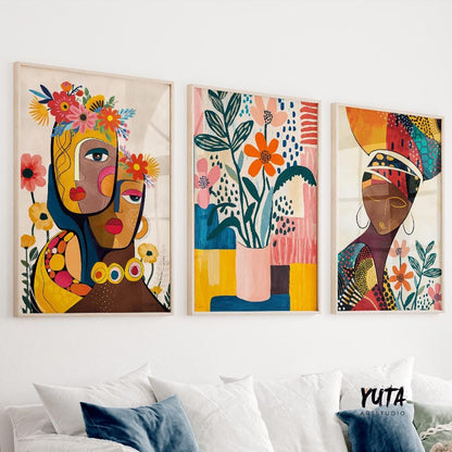 Contemporary African American art set of 3, bold abstract black women portrait prints for ethnic modern bedroom decor.