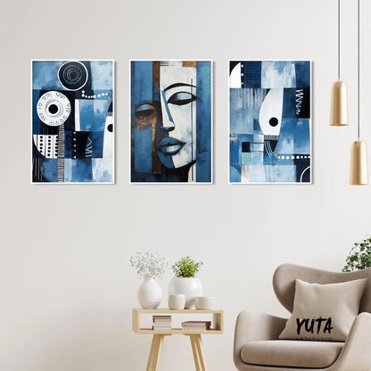 Navy blue african american art set of 3 print. Abstract africa wall art, ethnic gallery wall set. Modern above bed art, aesthetic room decor