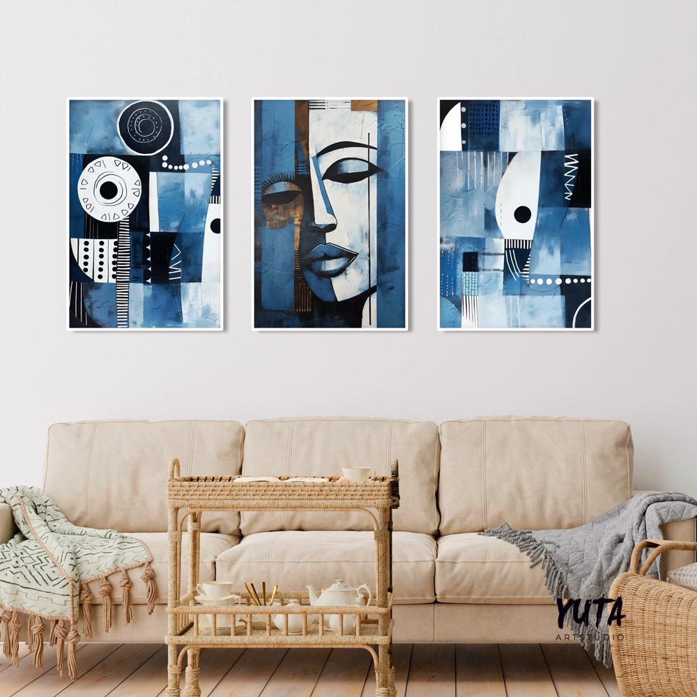 Navy blue african american art set of 3 print. Abstract africa wall art, ethnic gallery wall set. Modern above bed art, aesthetic room decor