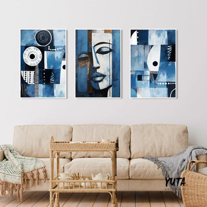 Navy blue african american art set of 3 print. Abstract africa wall art, ethnic gallery wall set. Modern above bed art, aesthetic room decor