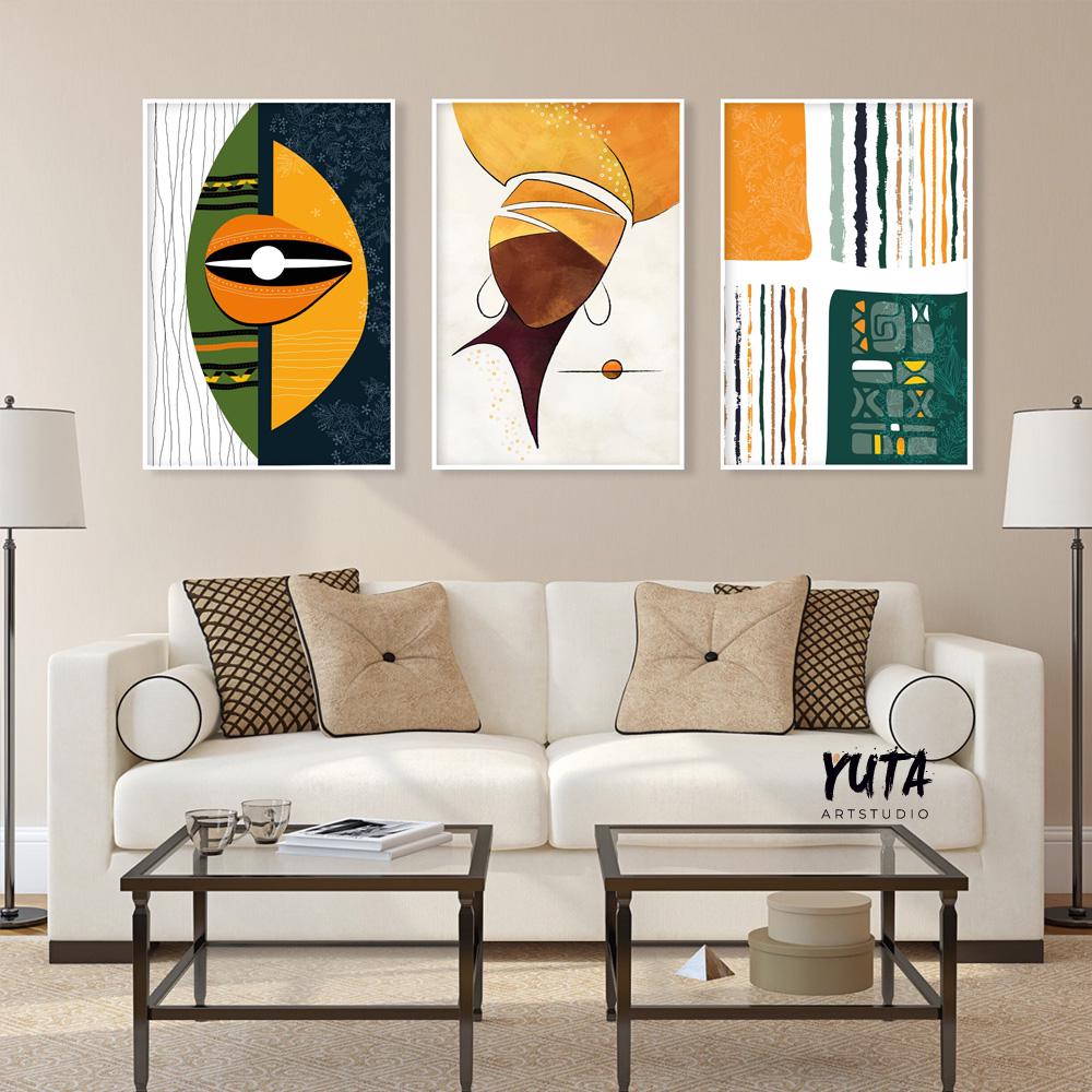 Modern Black woman art – abstract gallery print set with vibrant green and ethnic influences.