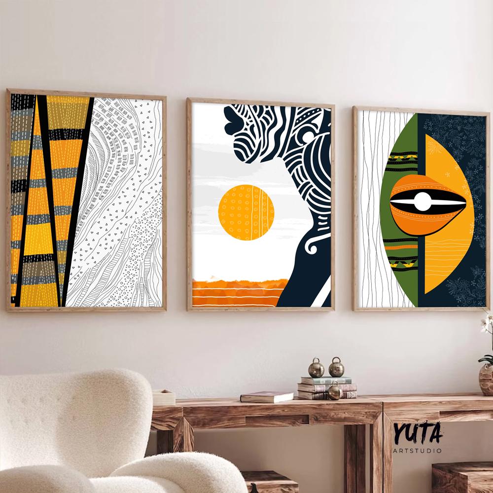 Large colorful African American art set of 3, abstract modern black women portraits, above bed Afrocentric wall art.