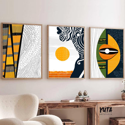 Large colorful African American art set of 3, abstract modern black women portraits, above bed Afrocentric wall art.