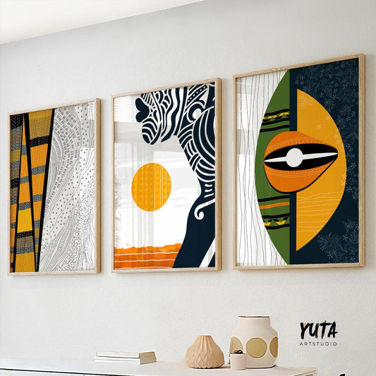 Colorful African American wall art set of 3, vibrant abstract portraits of black women, Afrocentric room decoration.
