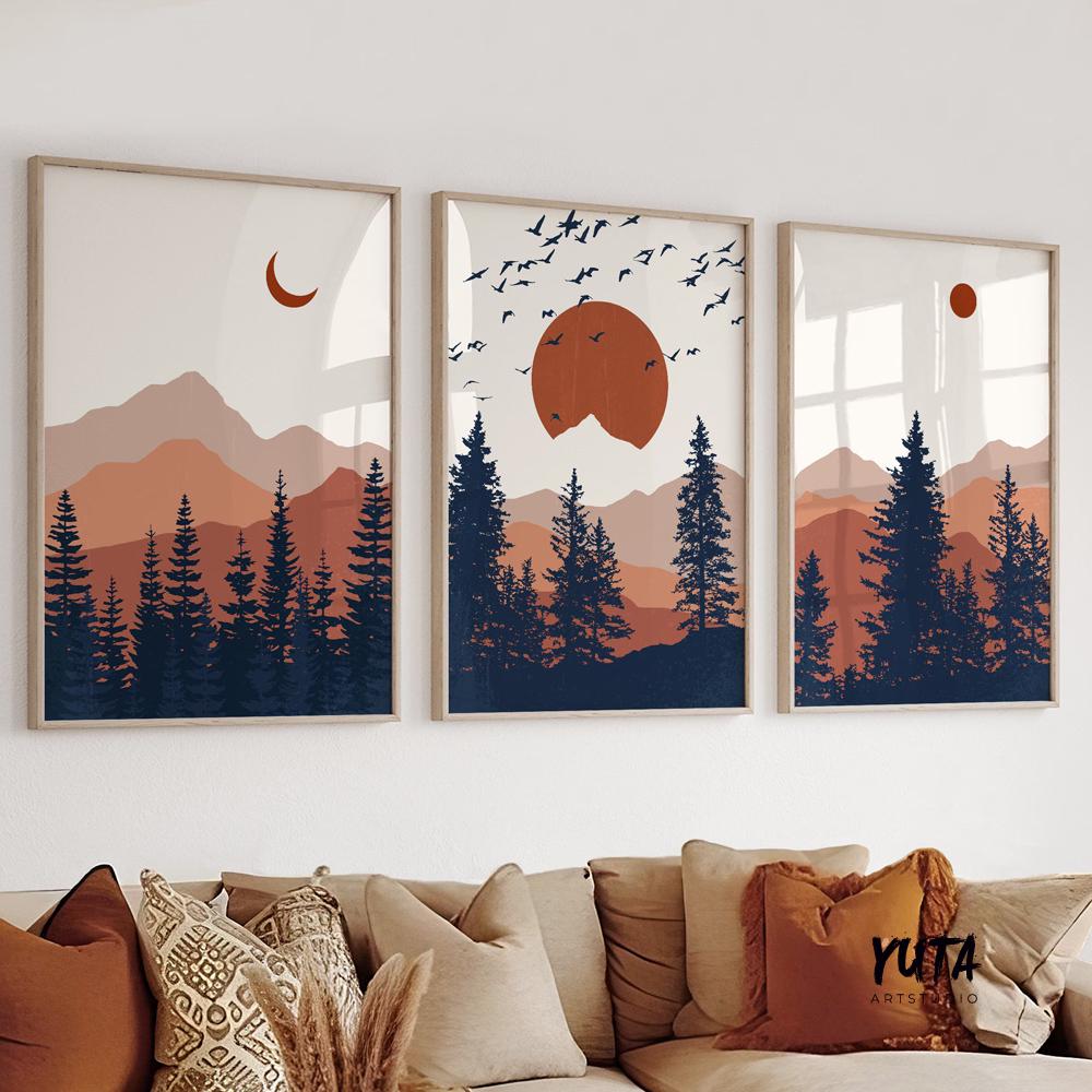 Mountain wall art gallery wall set of 3 prints. Mid century modern  livingroom abstract terracotta deep blue minimalist landscape poster