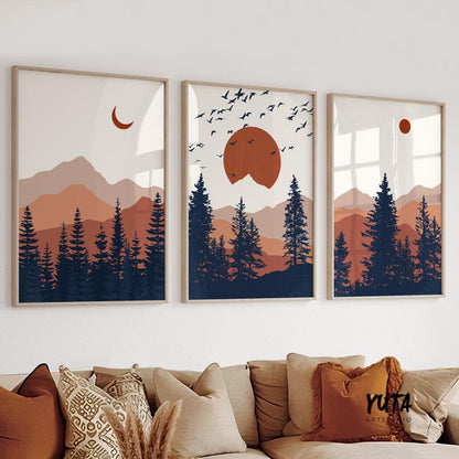 Mountain wall art gallery wall set of 3 prints. Mid century modern  livingroom abstract terracotta deep blue minimalist landscape poster