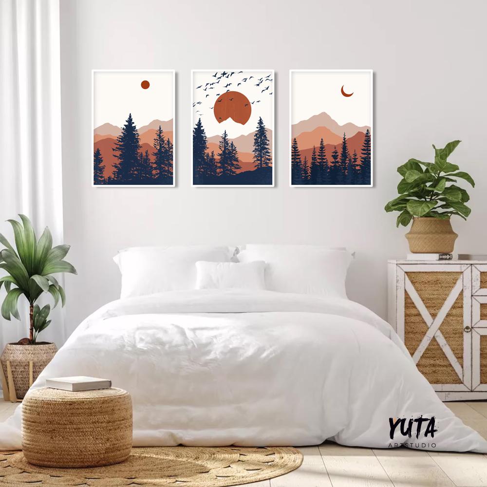 Mountain wall art gallery wall set of 3 prints. Mid century modern  livingroom abstract terracotta deep blue minimalist landscape poster