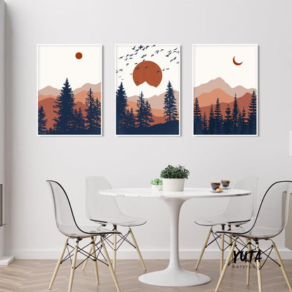 Mountain wall art gallery wall set of 3 prints. Mid century modern  livingroom abstract terracotta deep blue minimalist landscape poster