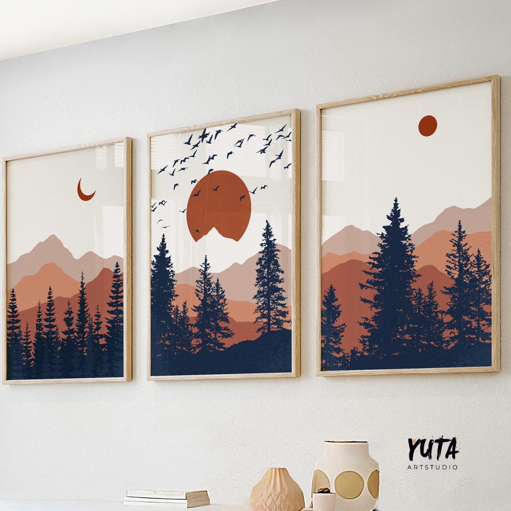 Mountain wall art gallery wall set of 3 prints. Mid century modern  livingroom abstract terracotta deep blue minimalist landscape poster