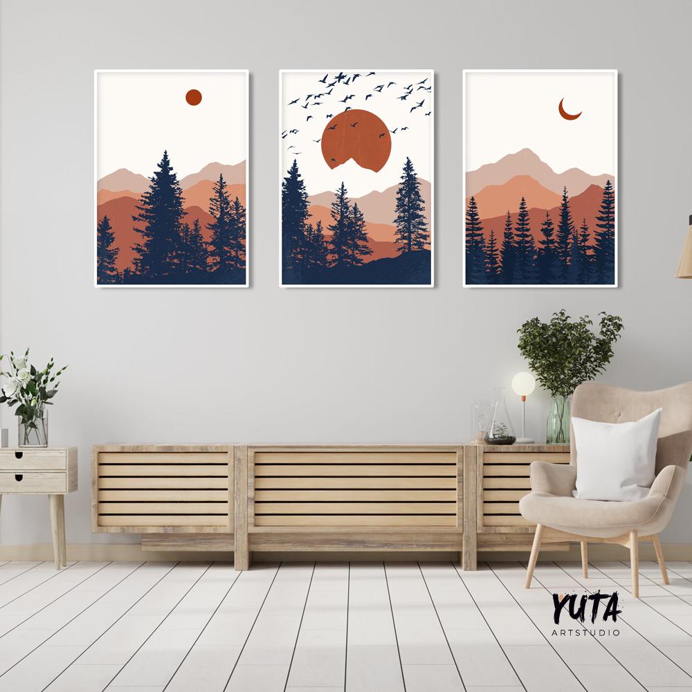 Mountain wall art gallery wall set of 3 prints. Mid century modern  livingroom abstract terracotta deep blue minimalist landscape poster