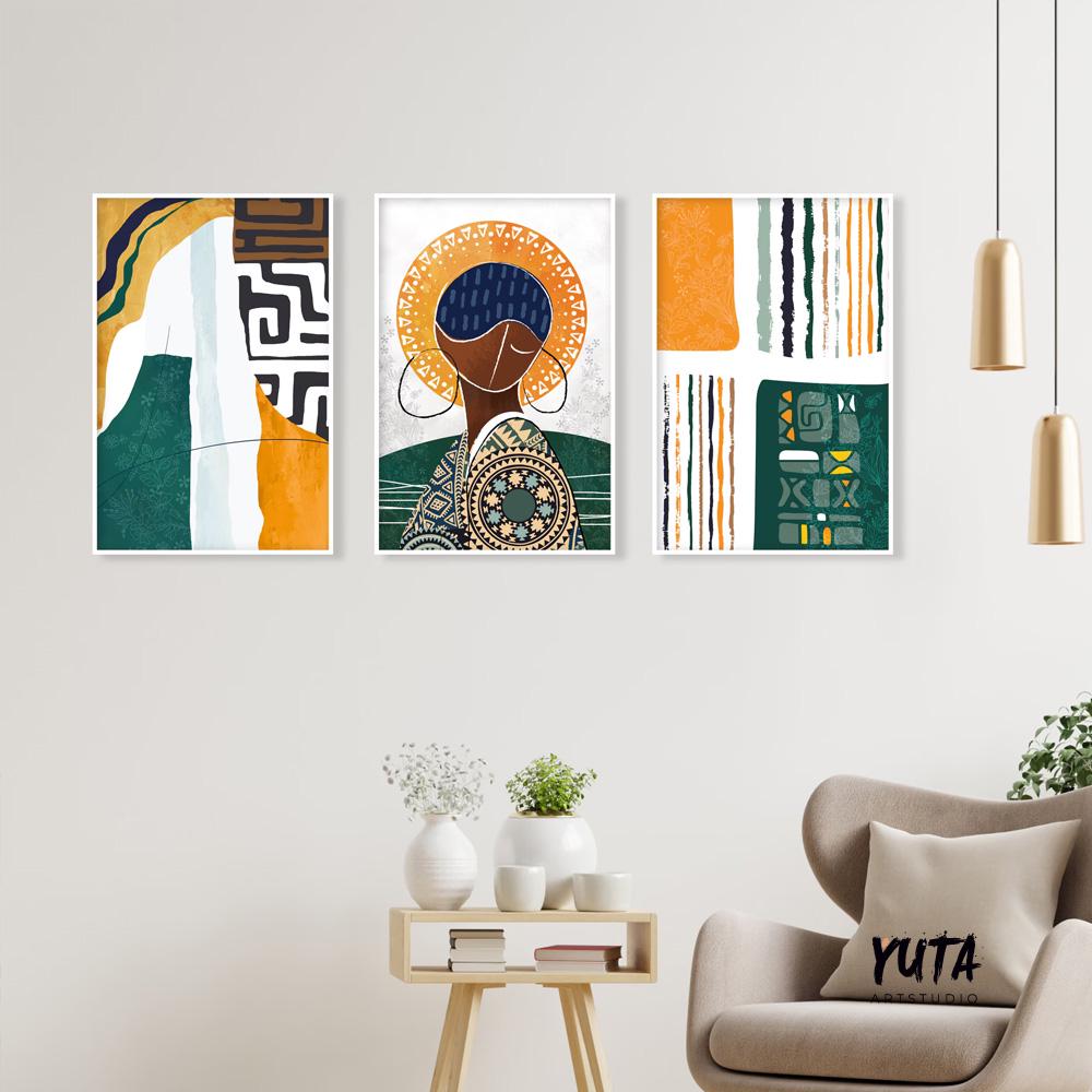 Set of 3 modern African wall art prints, colorful abstract black woman portraits, bold ethnic art for living room decor.