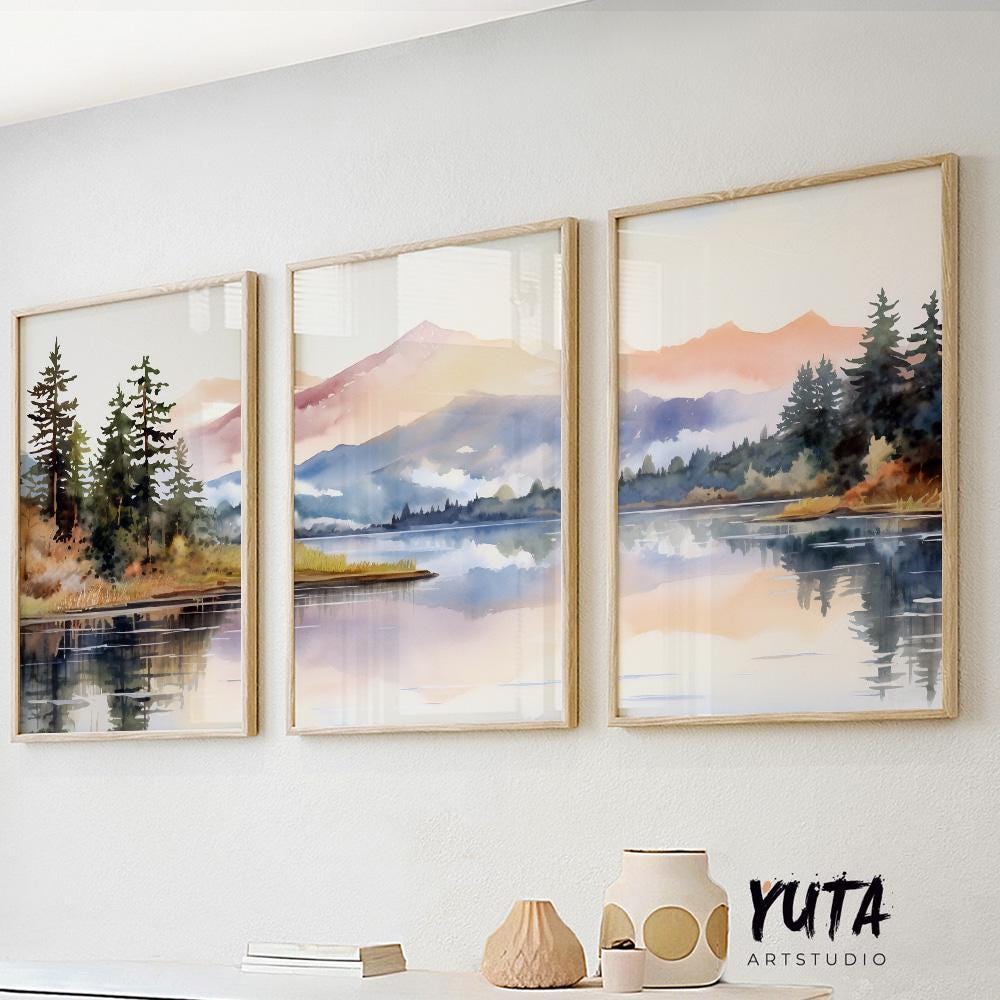 Pastel mountain wall art set of 3 print. Modern nature wall decor, forest lake landscape painting posters, eclectic gallery wall set