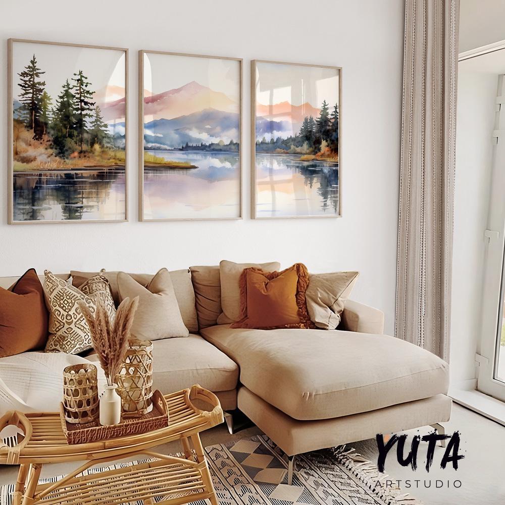 Pastel mountain wall art set of 3 print. Modern nature wall decor, forest lake landscape painting posters, eclectic gallery wall set